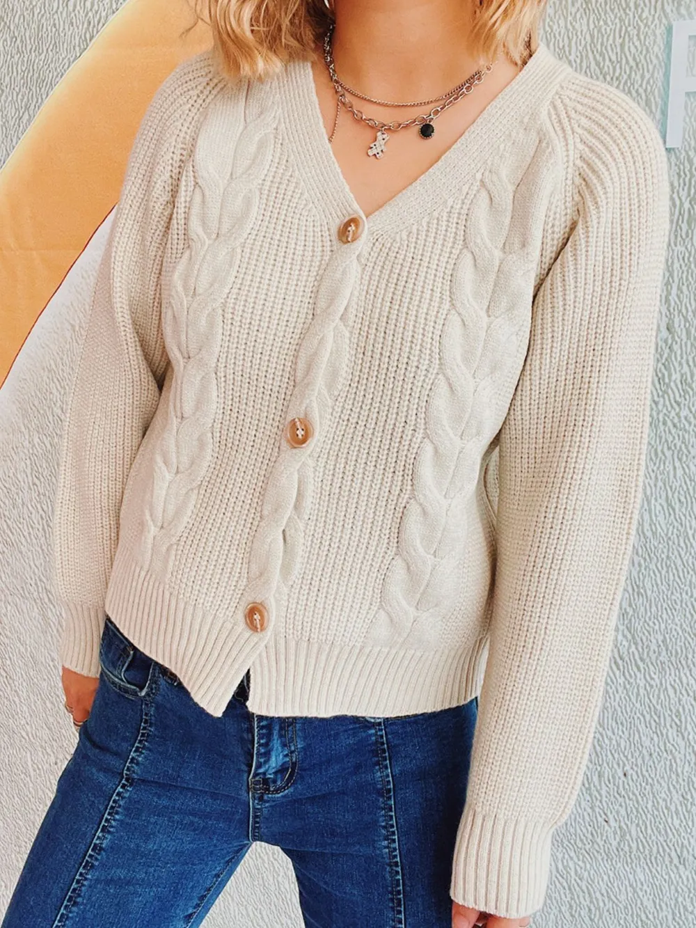 Cable-Knit V-Neck Button Down Long Sleeve Cardigan, image 2