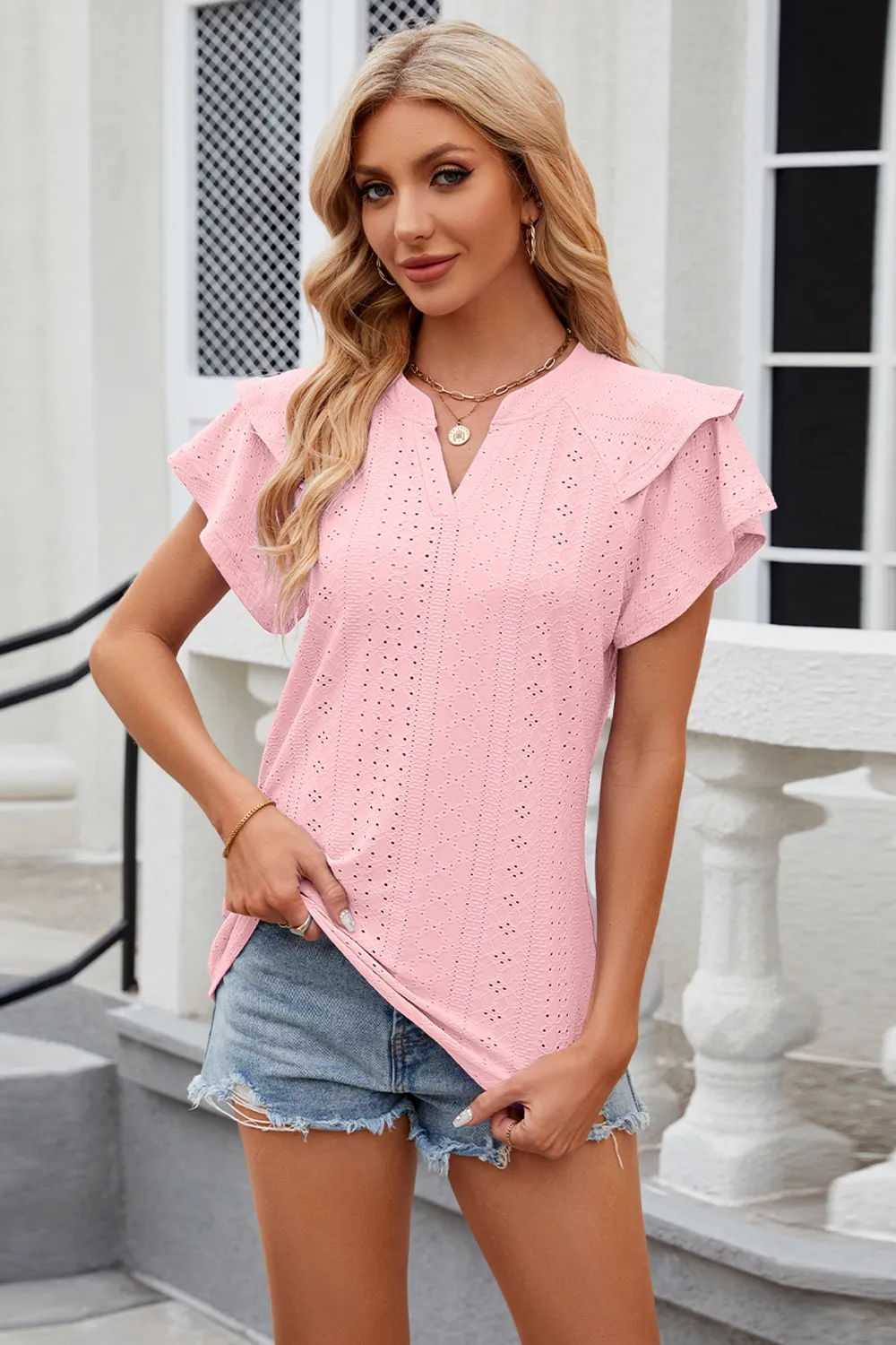 Eyelet Notched Short Sleeve T-Shirt, image 25