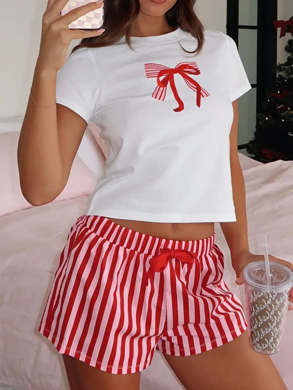 Printed Round Neck Short Sleeve Top and Drawstring Shorts Set, image 5