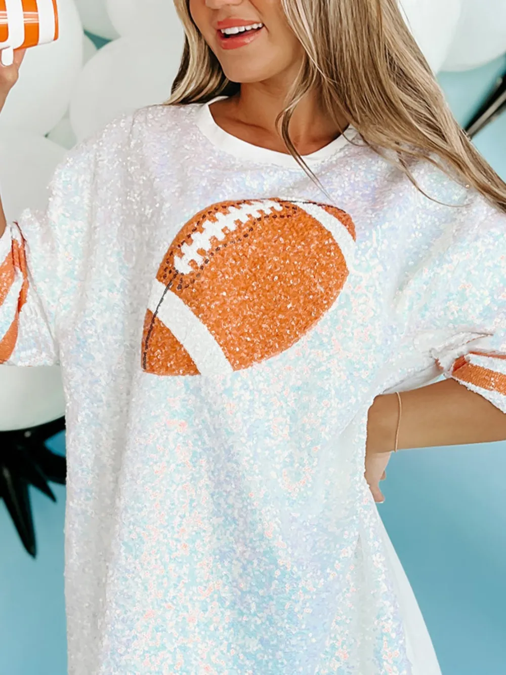 Sequin Football Round Neck Half Sleeve Oversize Top, image 9