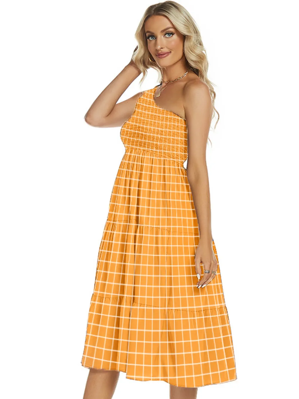 One-Shoulder Tiered Midi Dress with Smocked Bodice, image 7