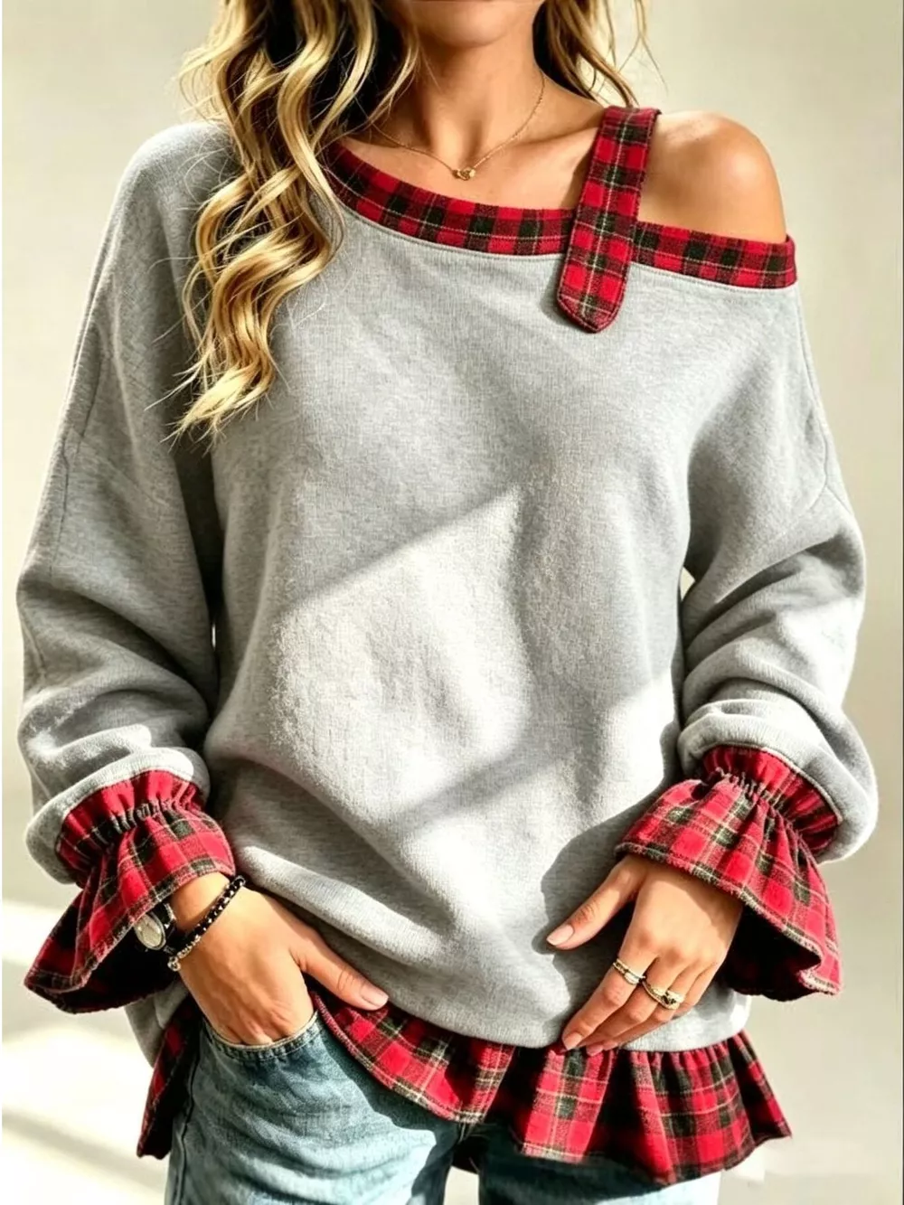 Full Size Cold-Shoulder Plaid Patchwork Long Sleeve Top Plus Size, image 9