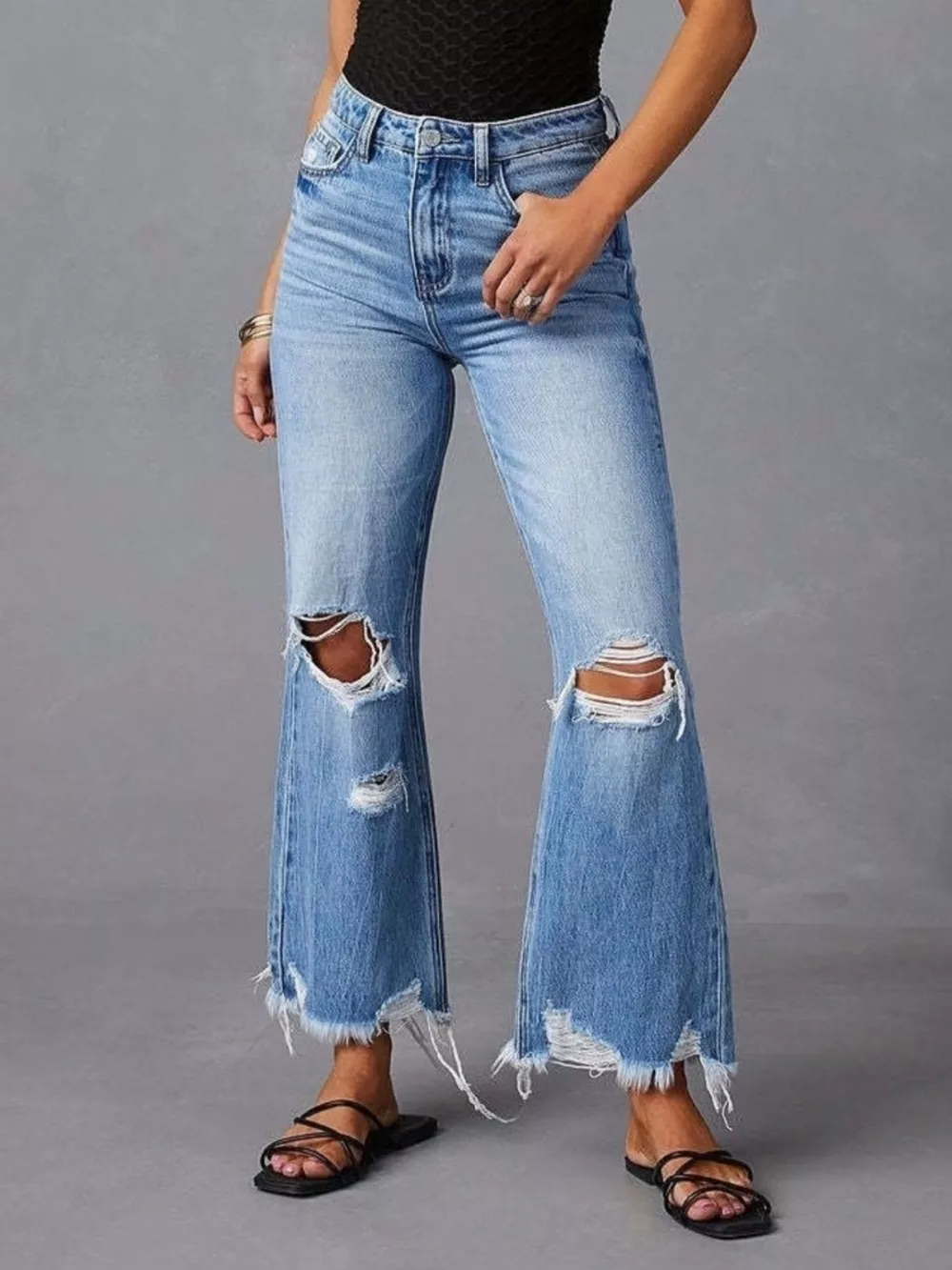 Distressed Raw Hem Flare Jeans