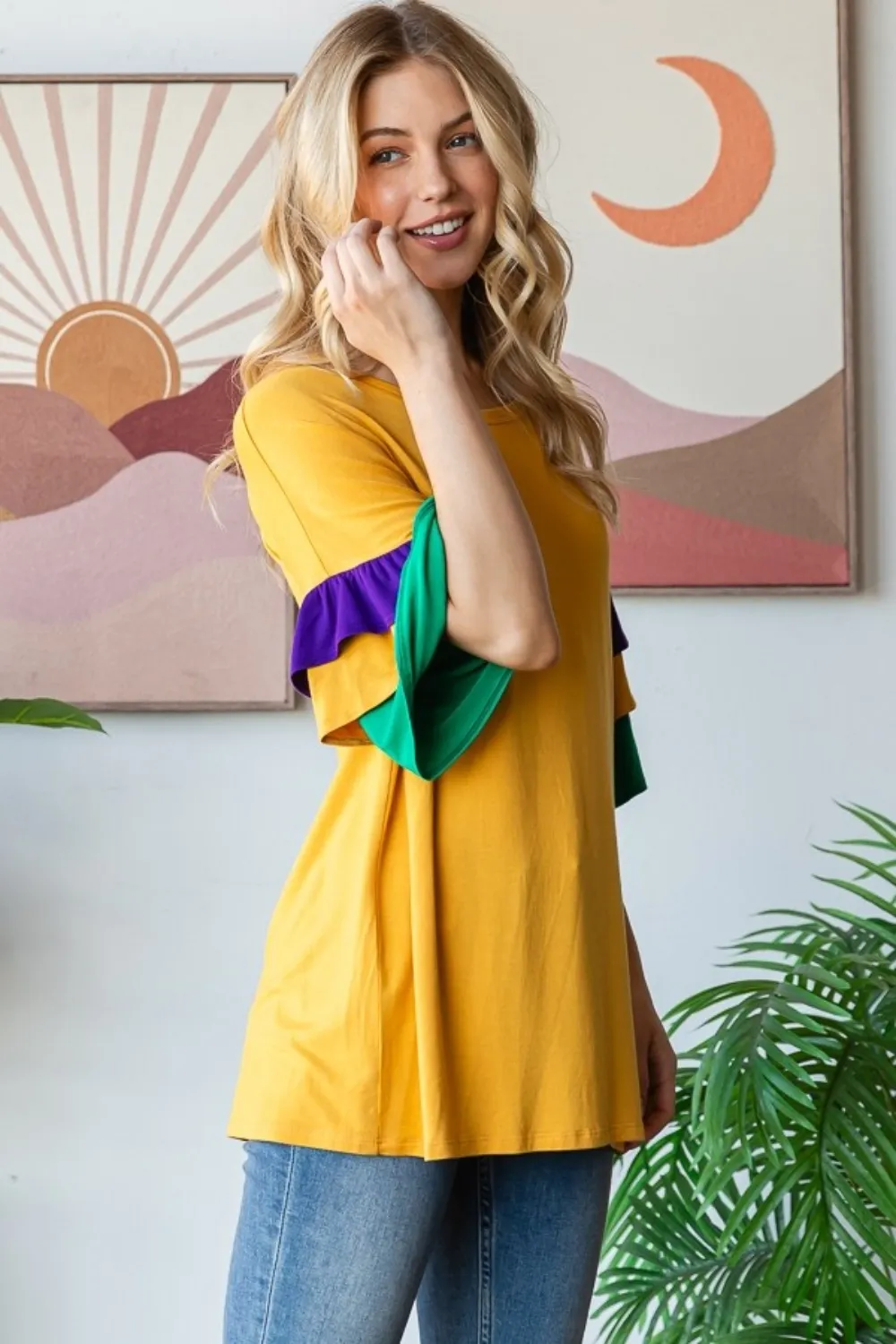 Full Size Round Neck Color Block Ruffled Half Sleeve Top Plus Size, image 4