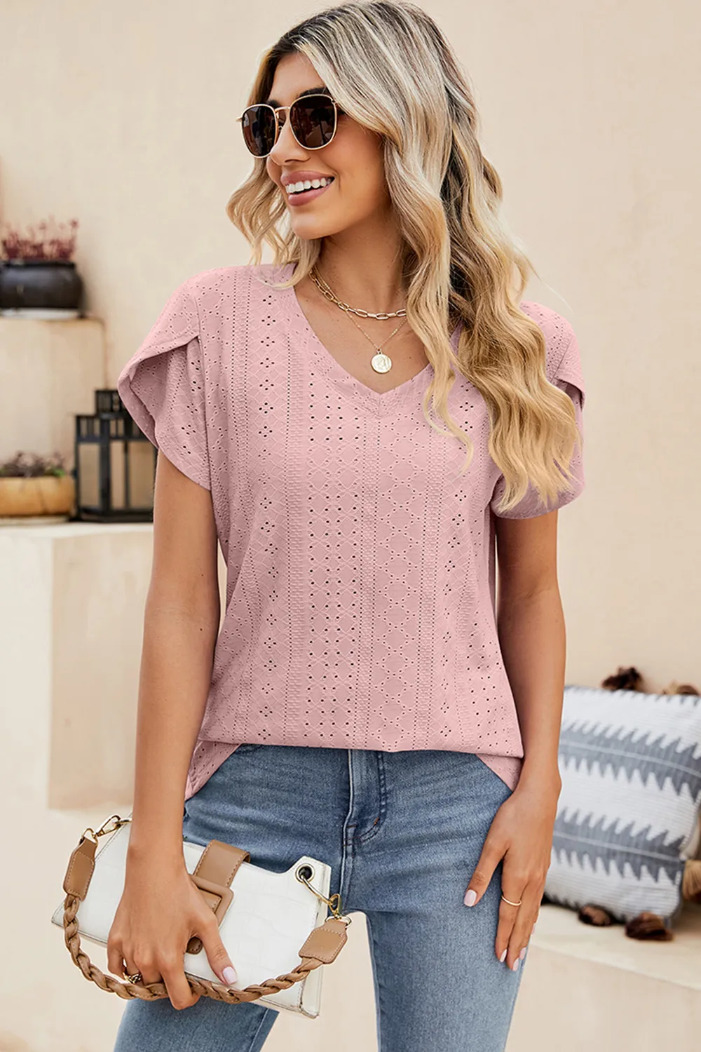 Eyelet V-Neck Petal Sleeve T-Shirt, image 23