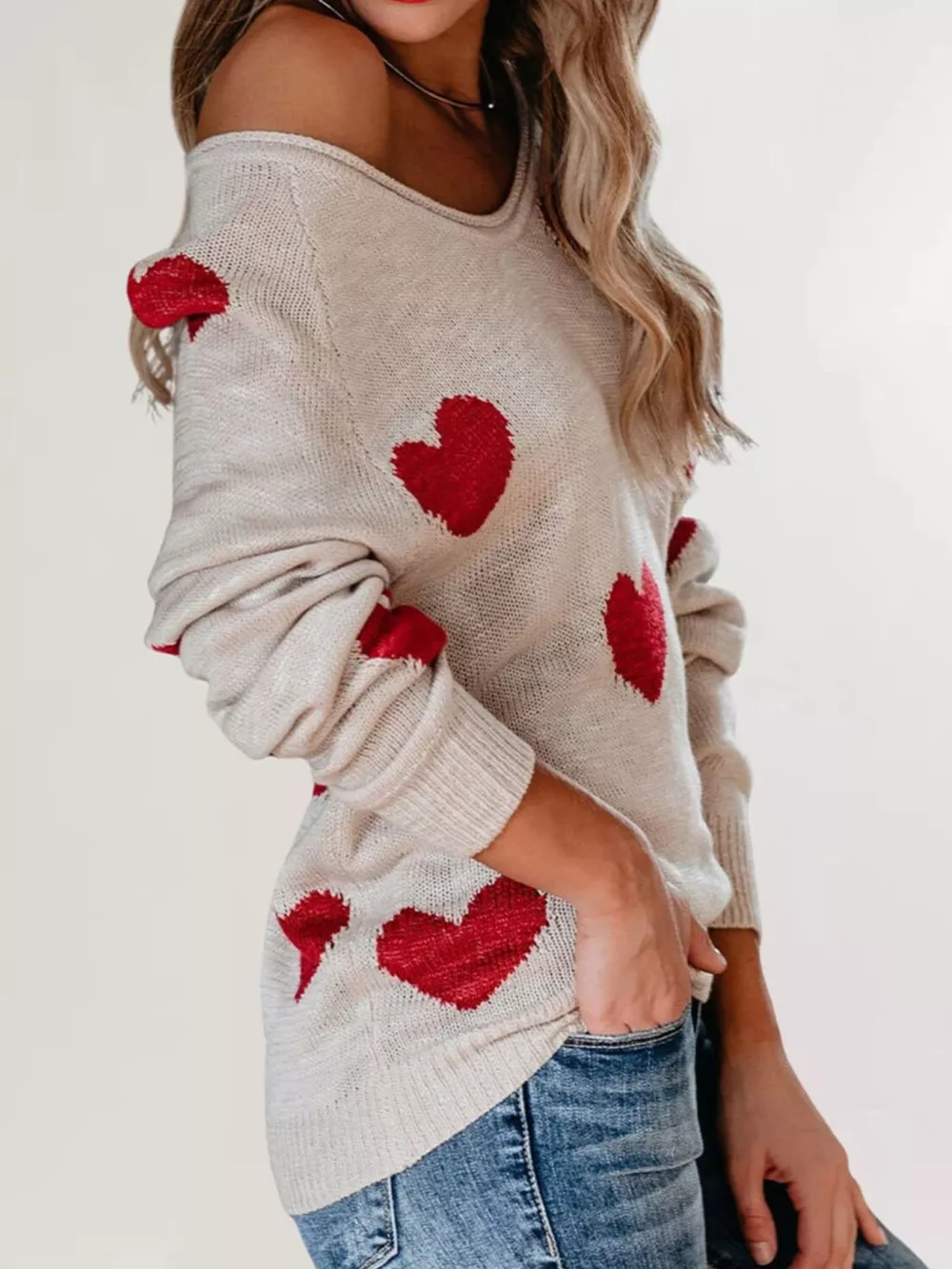 Heart Pattern V-Neck Sweater, image 4