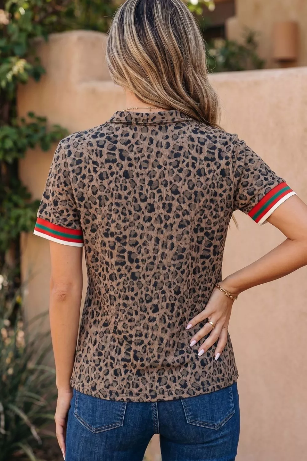 Leopard Jacquard Striped Patchwork Half Zip Short Sleeve Blouse, image 2