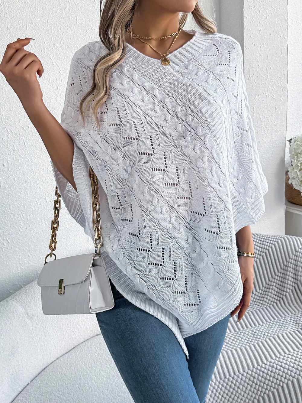 Cable-Knit Openwork Three-Quarter Sleeve Sweater, image 3