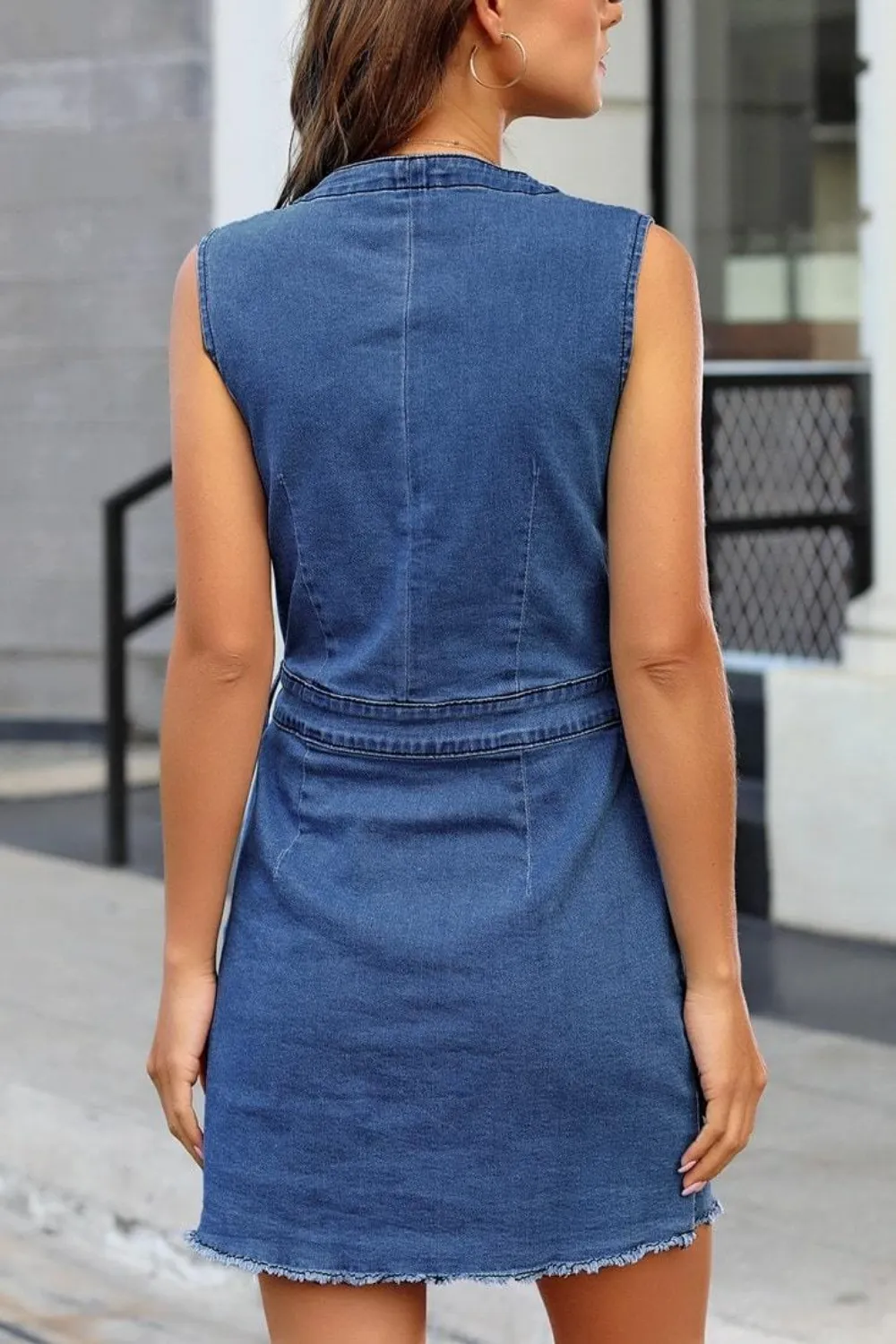 Full Size Button Up V-Neck Sleeveless Denim Dress, image 2