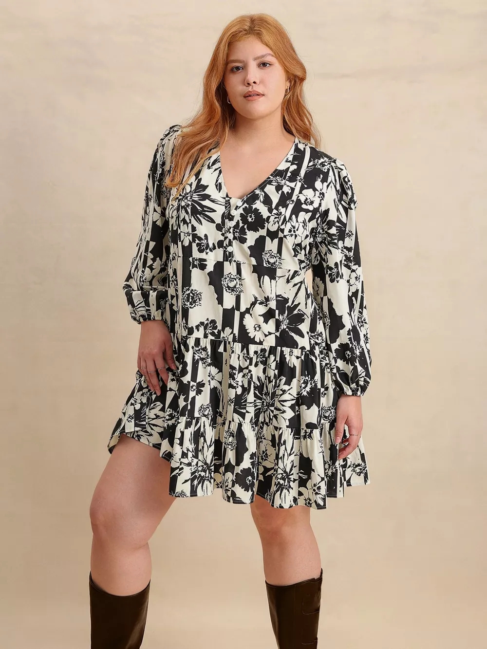 Plus Size Printed V-Neck Long Sleeve Mini Dress, image 7