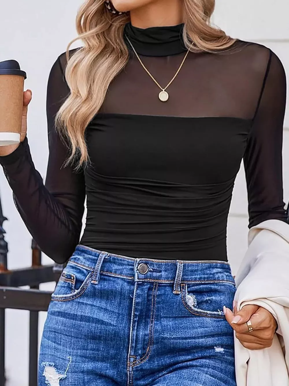 Sheer Mesh Patchwork High Neck Long Sleeve Top, image 12