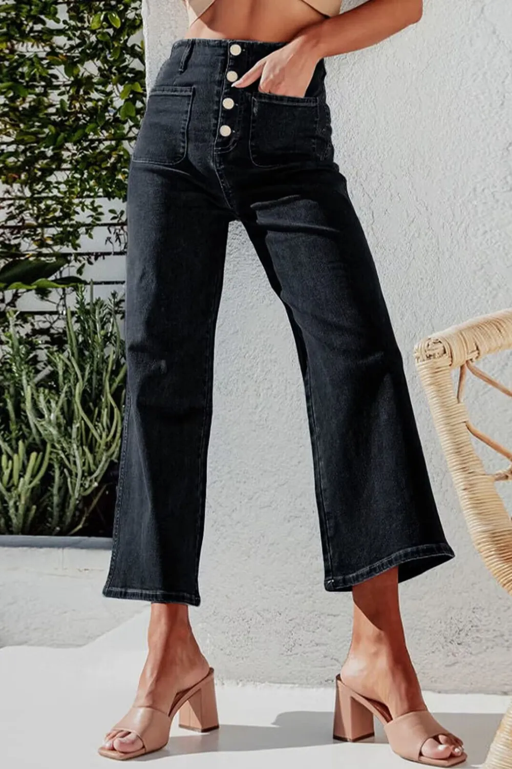 Button Fly Cropped Wide Leg Jeans, image 10