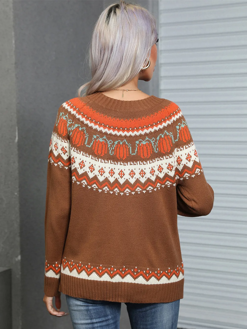 Geometric Round Neck Long Sleeve Sweater, image 5