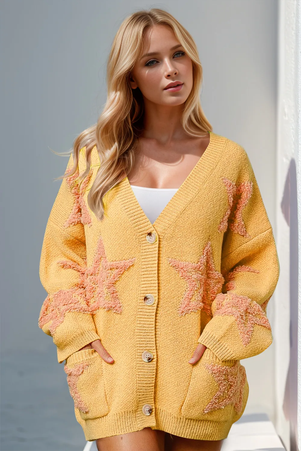 Full Size Button Up Star Pattern Cardigan, image 5
