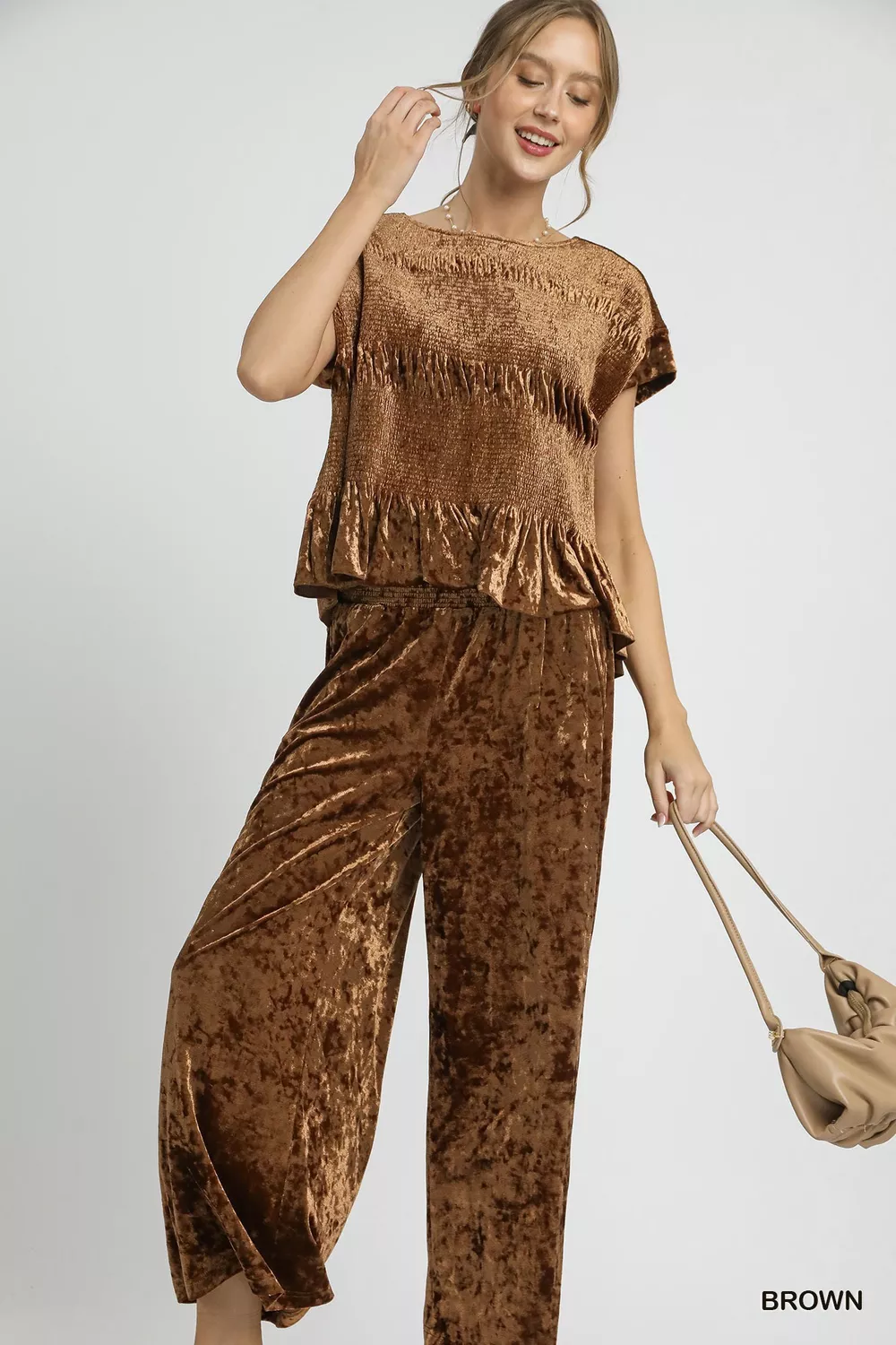Velvet Smocked Waistband Wide Leg Pants, image 4