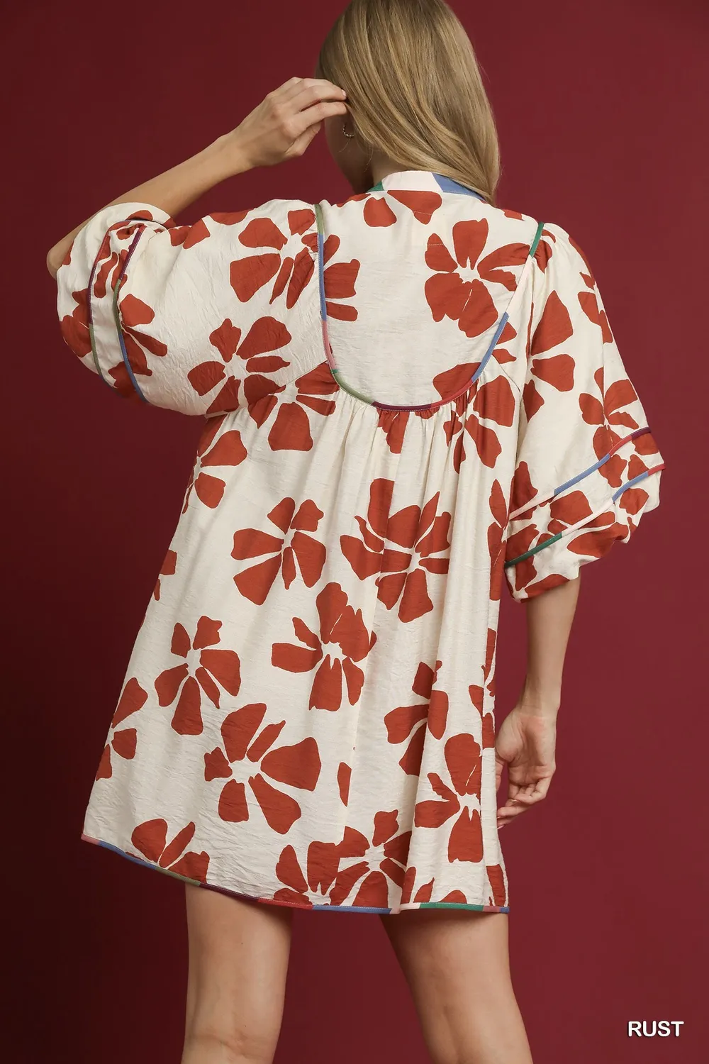 Two Tone Floral Tie-Neck Babydoll Dress, image 6