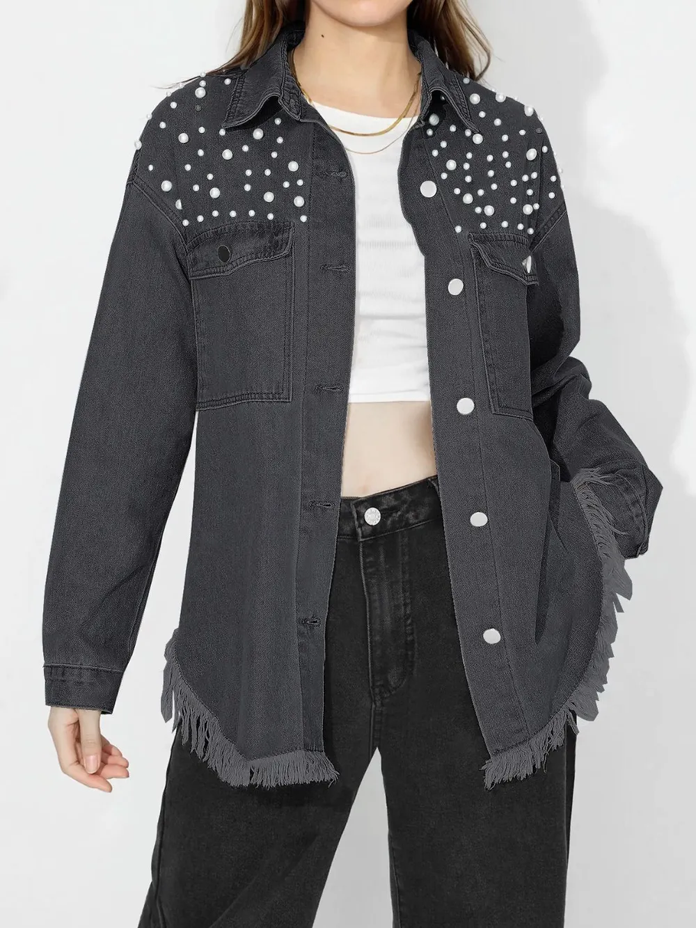 Raw Hem Pearl Trim Collared Neck Denim Top, image 12