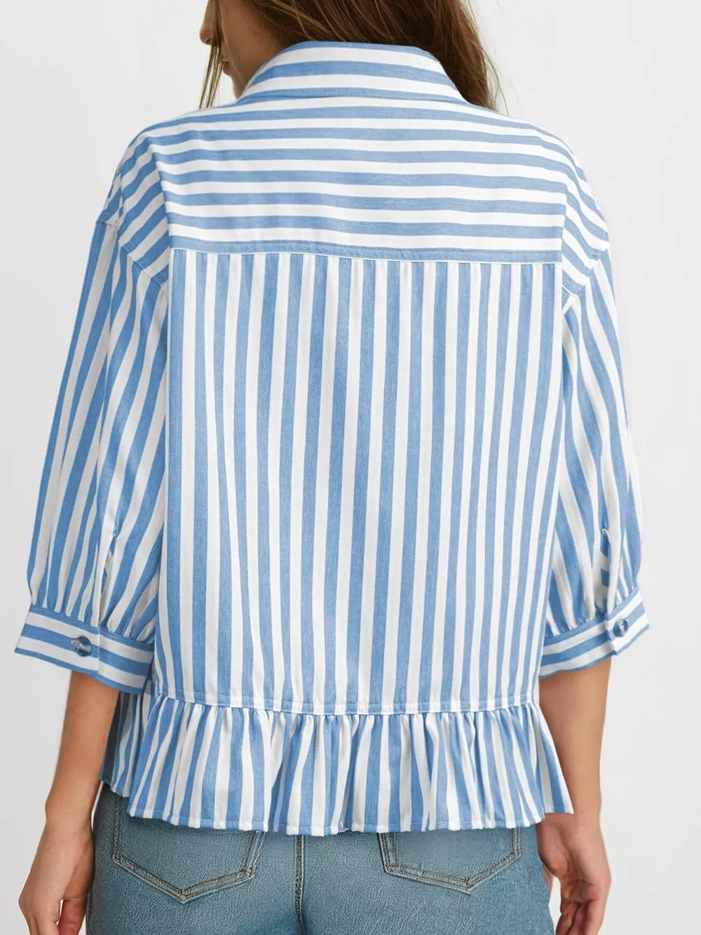Striped Ruffle Hem Button-Down Shirt, image 5
