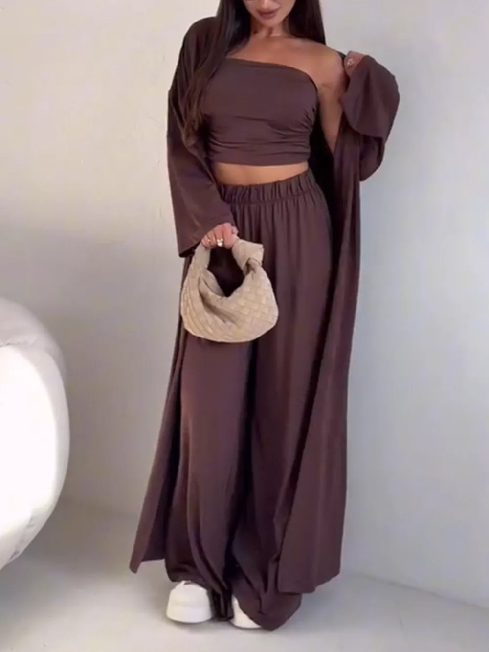 Chic Strapless Ruched Crop Top and Wide-Leg Pants with Cardigan 3-Piece Set, image 2