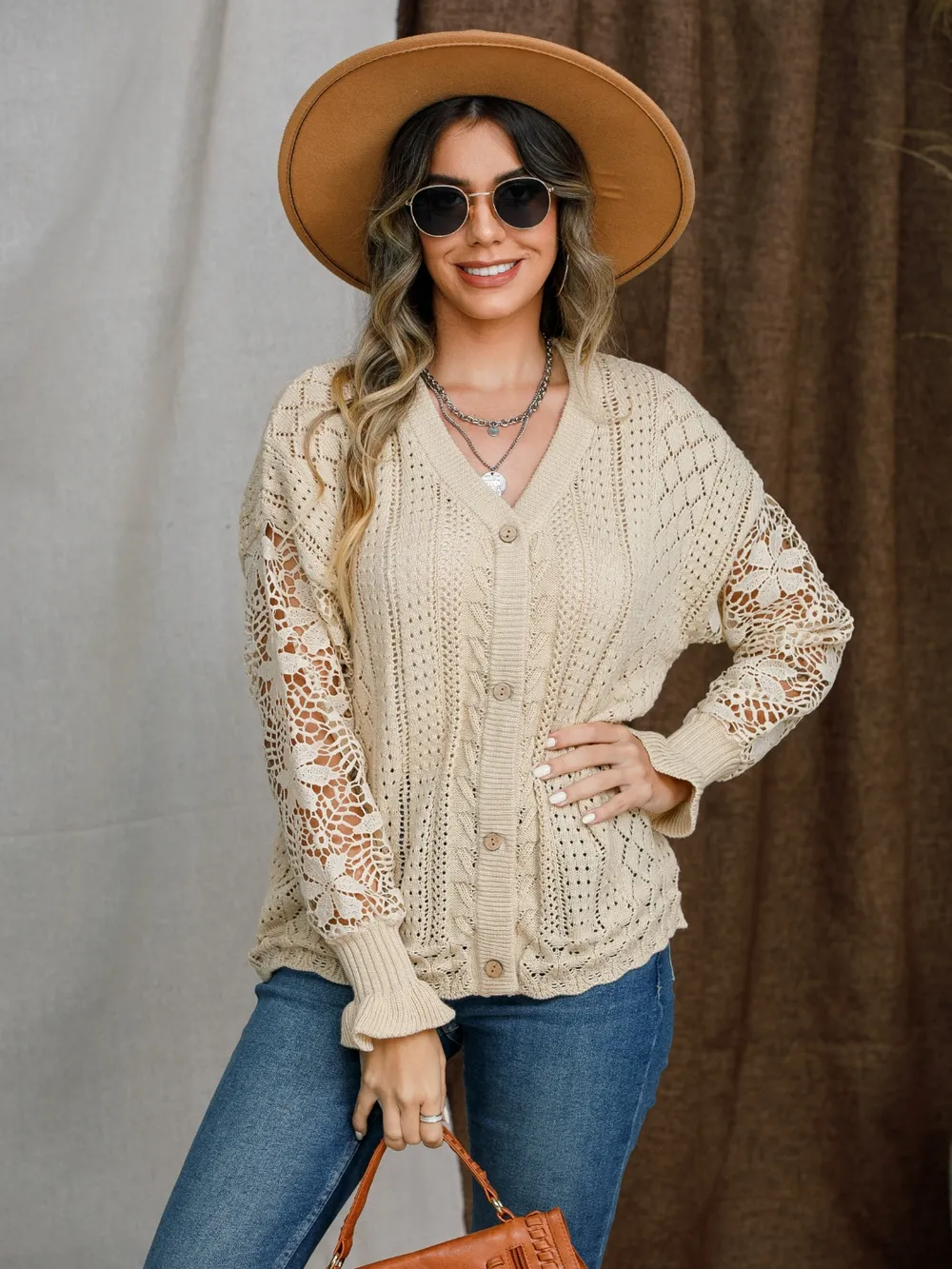 Eyelet Button Up Lantern Sleeve Cardigan, image 3