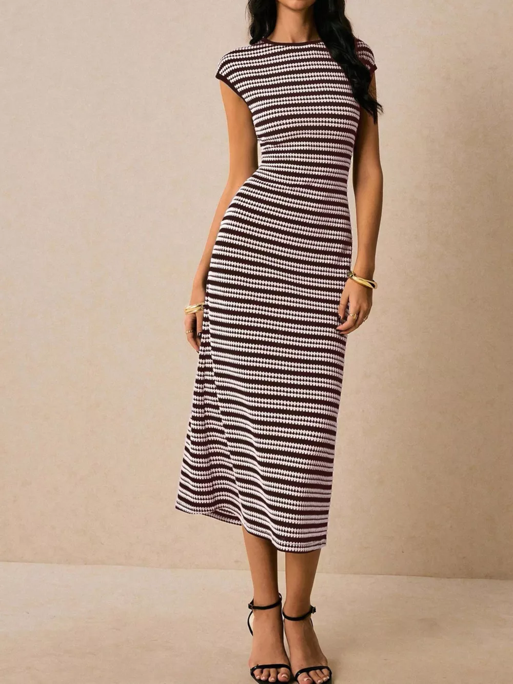 Striped Cap Sleeve Bodycon Midi Dress, image 28