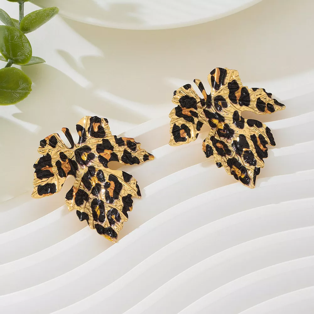 Alloy Leopard Print Leaf Earrings, image 6