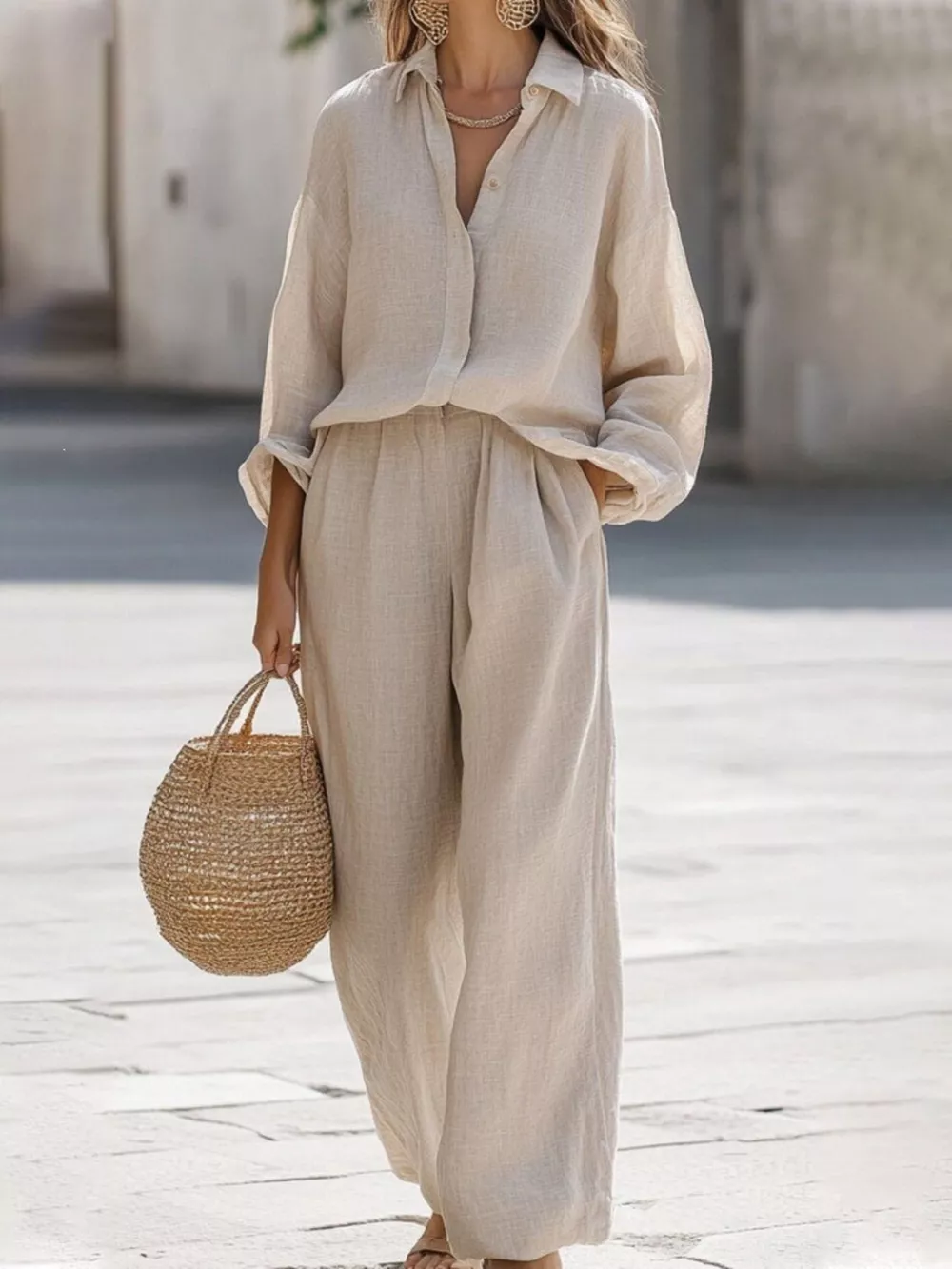 Full Size Loose Fit Shirt and Wide Leg Pants Set Plus Size, image 2