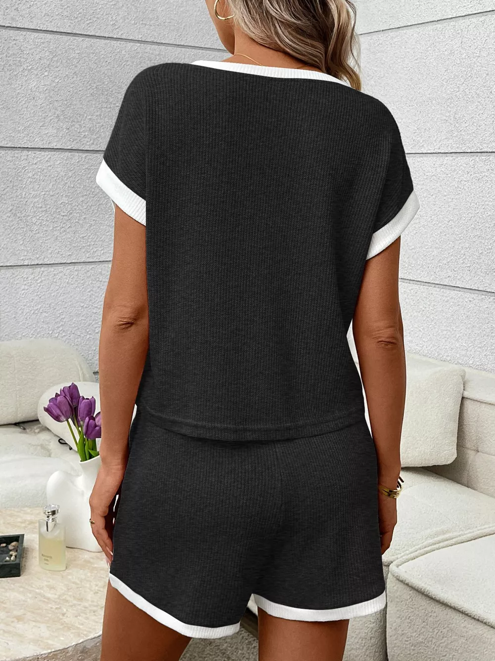 Contrast Trim Short Sleeve Top and Shorts Set, image 10