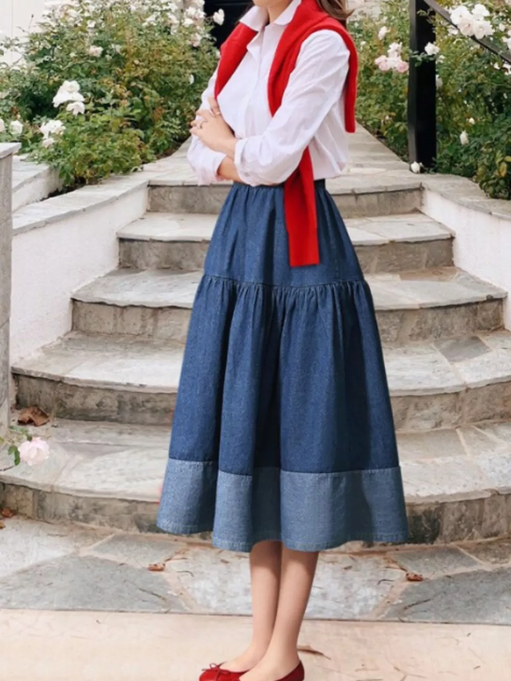 Tiered Denim Midi Skirt, image 3