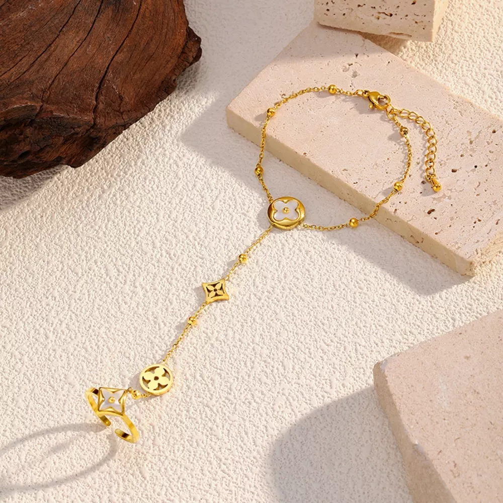 18K Gold-Plated Clover Charm Hand Chain Bracelet, image 3