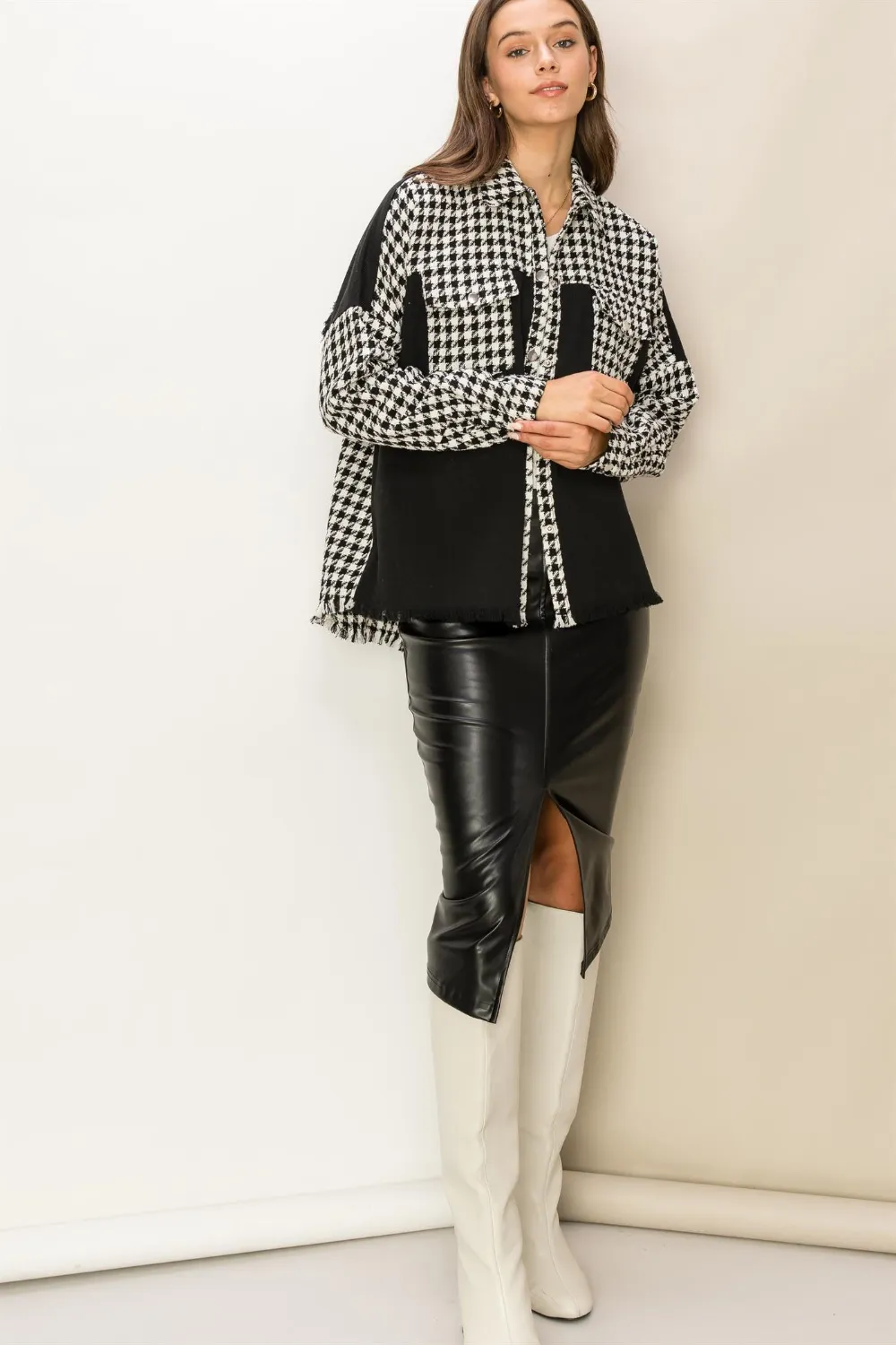 Houndstooth Contrast Raw Hem Jacket, image 4