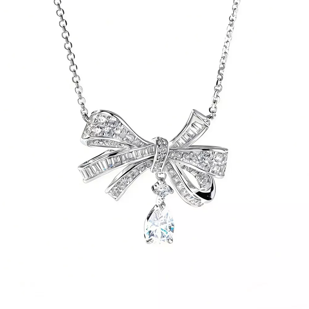925 Sterling Silver Zircon Bow Teardrop Necklace, image 4