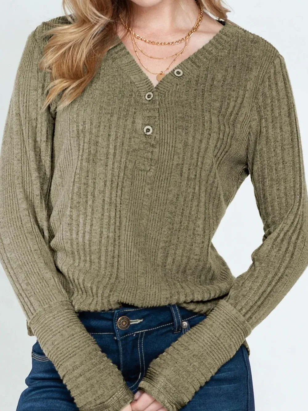 Textured V-Neck Long Sleeve T-Shirt, image 2