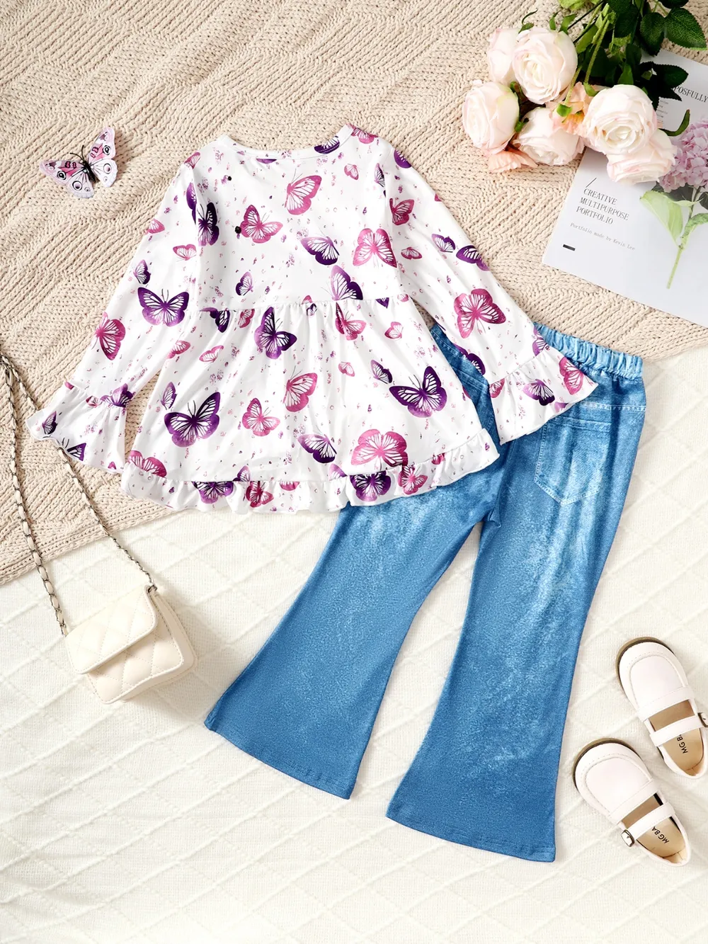 Children's Butterfly Print Top and Flare Pants Set, image 2