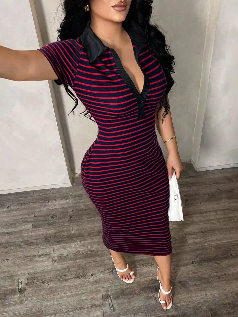 Striped Polo Collar Midi Dress, image 8