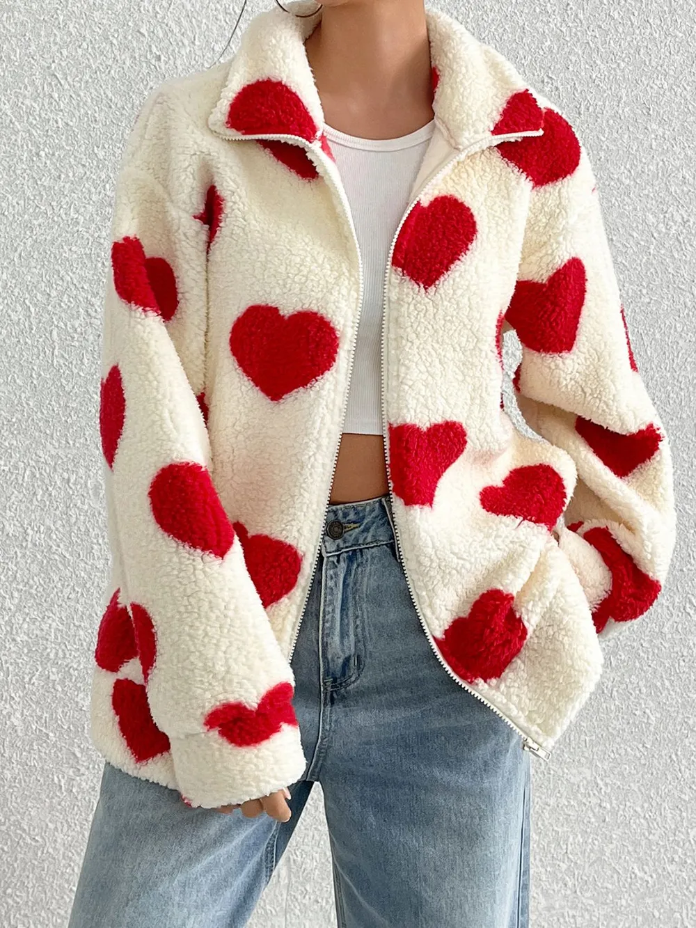 Heart Zip Up Drop Shoulder Furry Jacket, image 8
