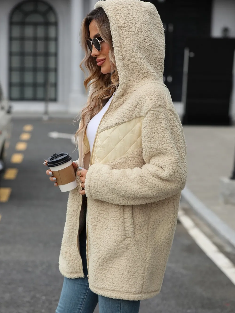 Fuzzy Zip Up Long Sleeve Hooded Jacket, image 4