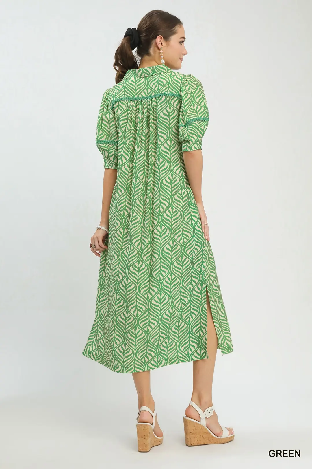 Printed Puff Sleeve Midi Dress with Pockets, image 3