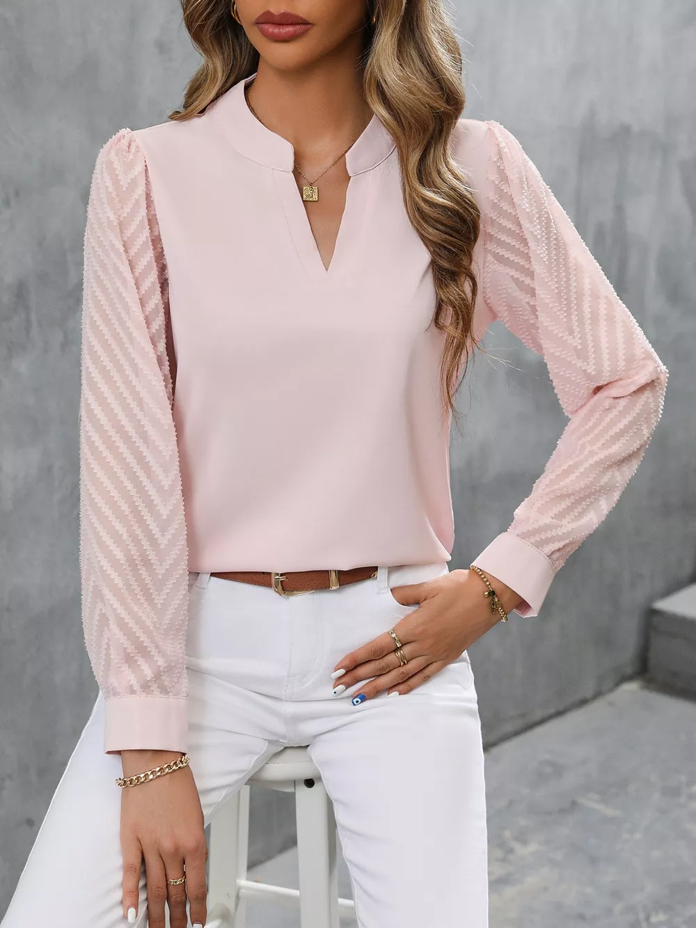 Sheer Sleeve V-Neck Blouse, image 16
