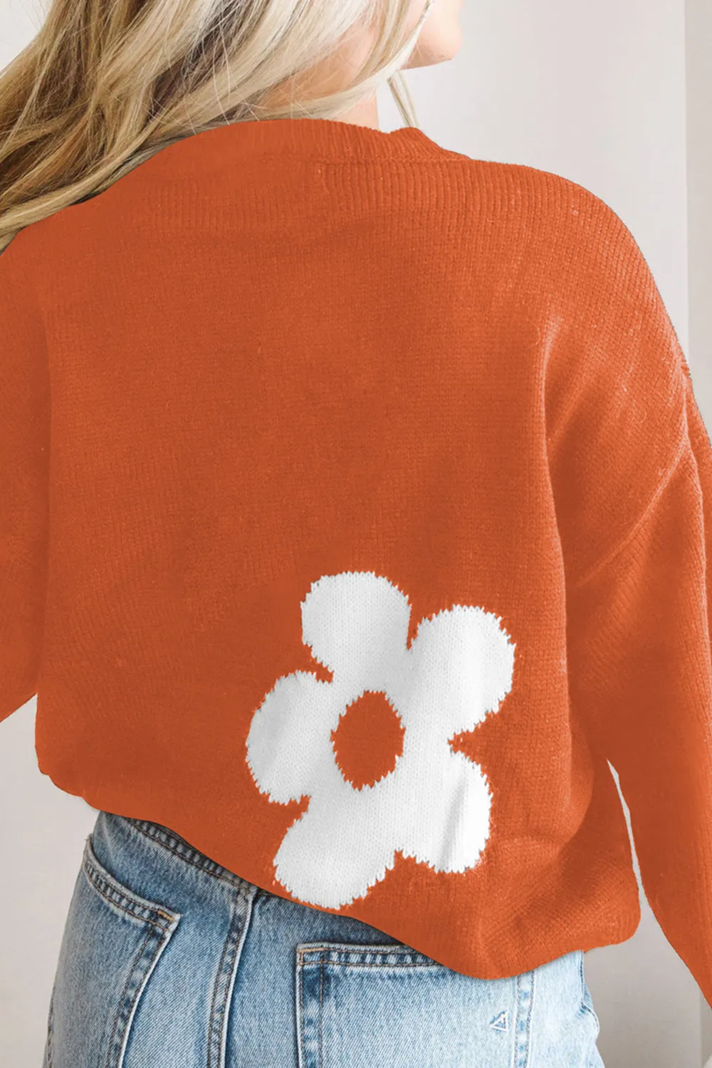 Round Neck Floral Pattern Color Contrast Design Long Sleeve Sweater, image 13