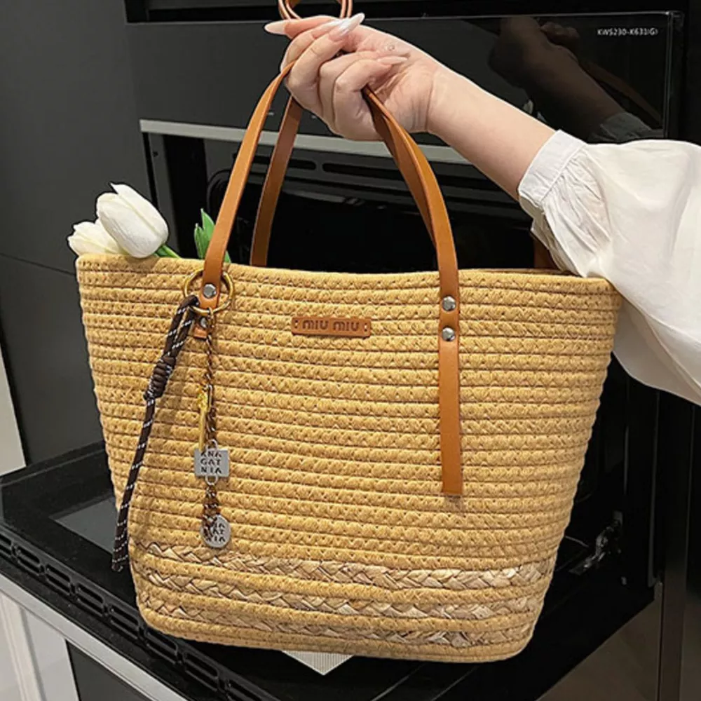 Woven Straw Tote Handbag with Leather Straps, image 4