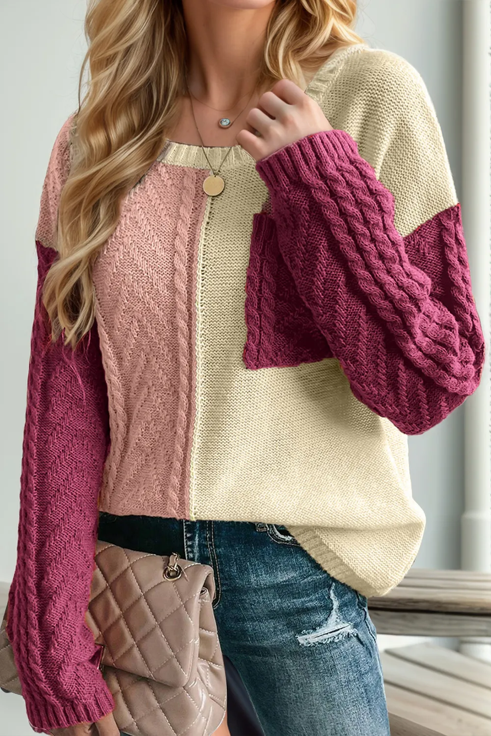 Full Size Color Block Drop Shoulder Sweater, image 6
