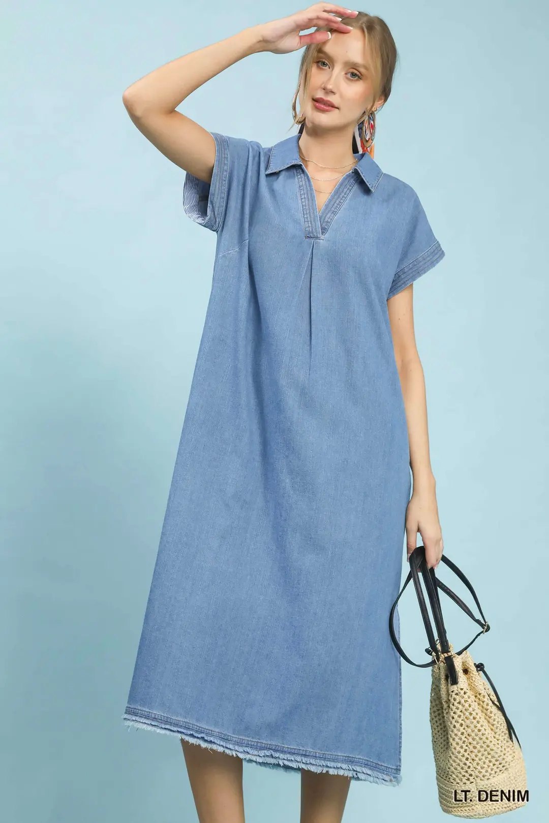 Stone Washed Collared Denim Midi Dress