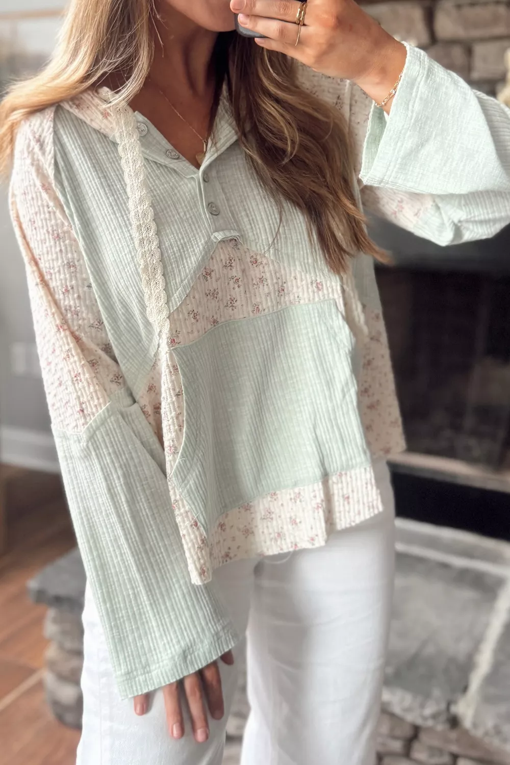 Lace Trim Floral Patchwork Button Detail Blouse, image 3
