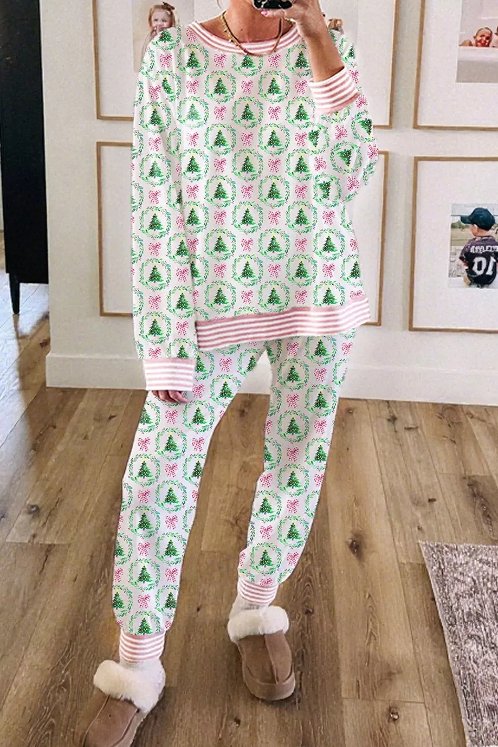 Christmas Tree Print Contrast Striped Banding 2pcs Lounge Set, image 6