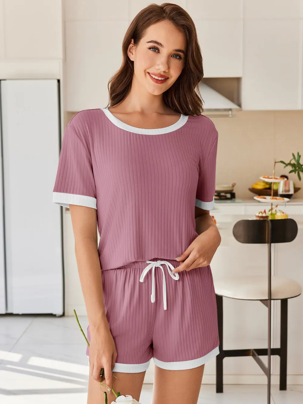 Ribbed Short Sleeve Top and Shorts Set, image 6