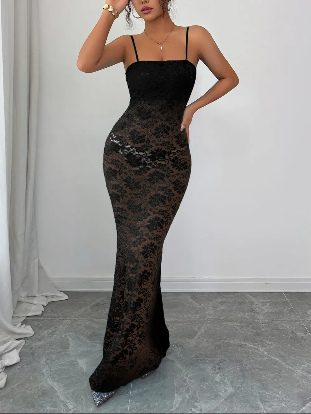 Lace Square Neck Maxi Cami Dress, image 3