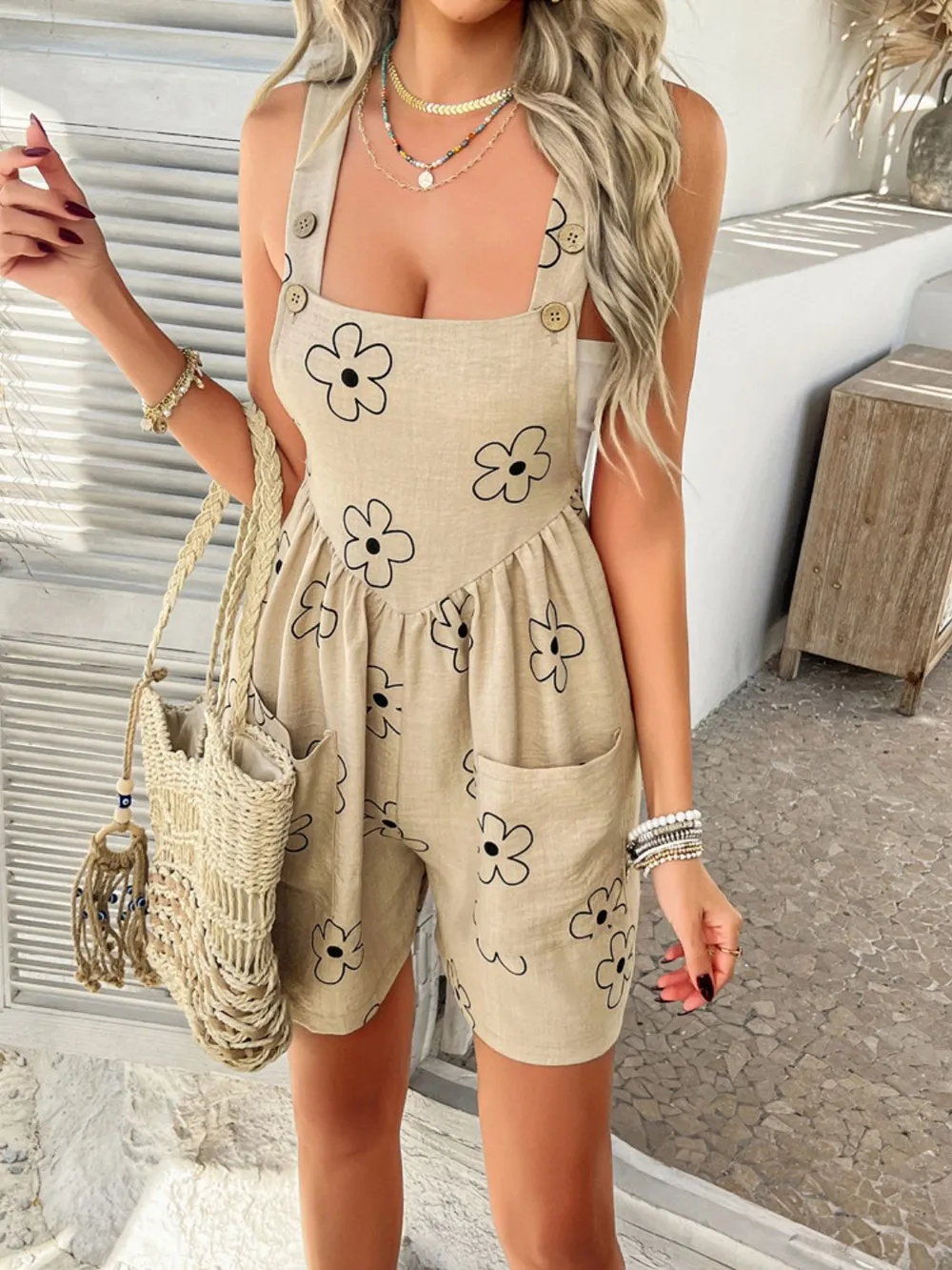 Flower Wide Strap Overalls with Pockets, image 22