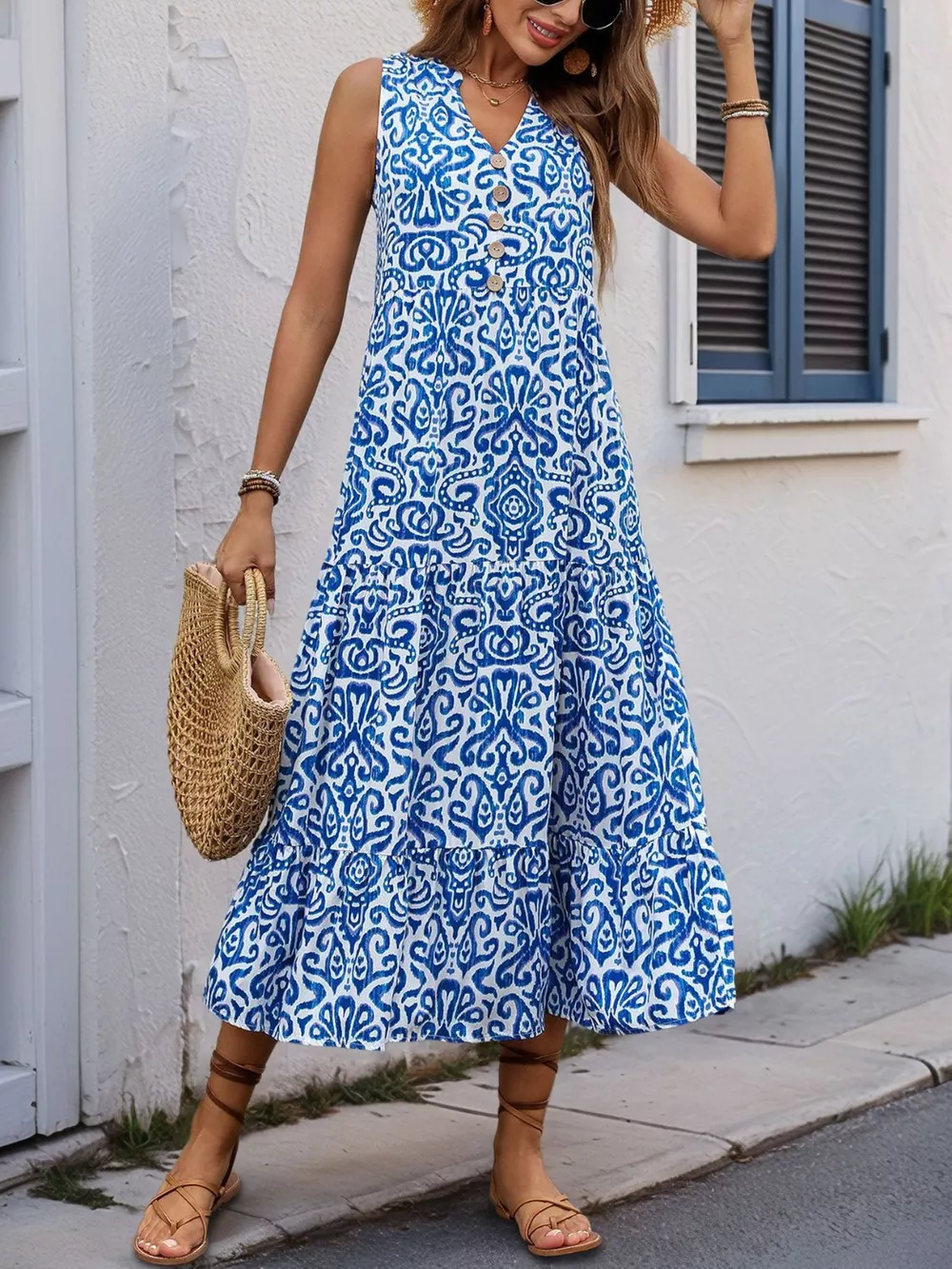 Decorative Button Printed Notched Sleeveless Midi Dress