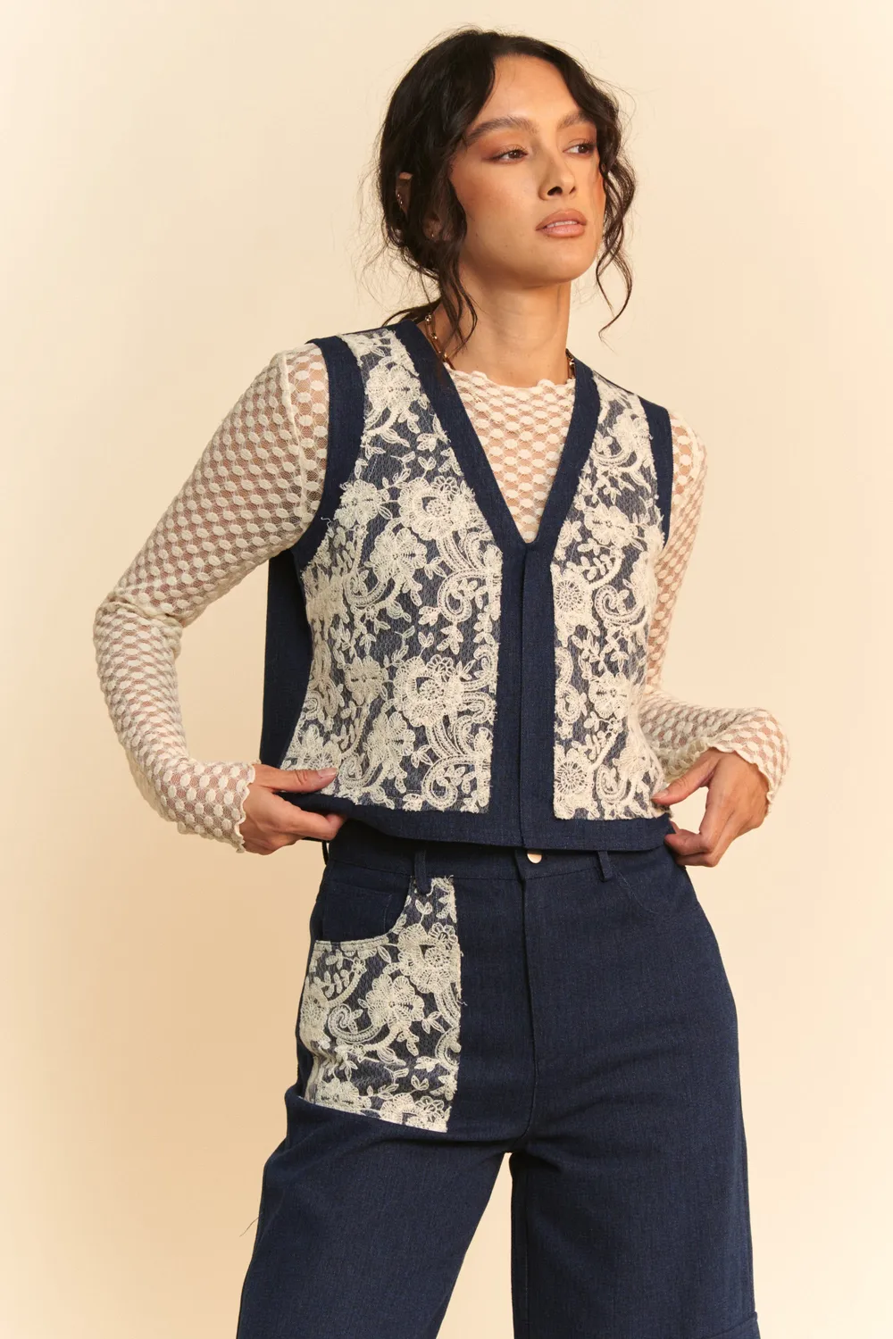 Lace Patch Open Front Denim Vest, image 10